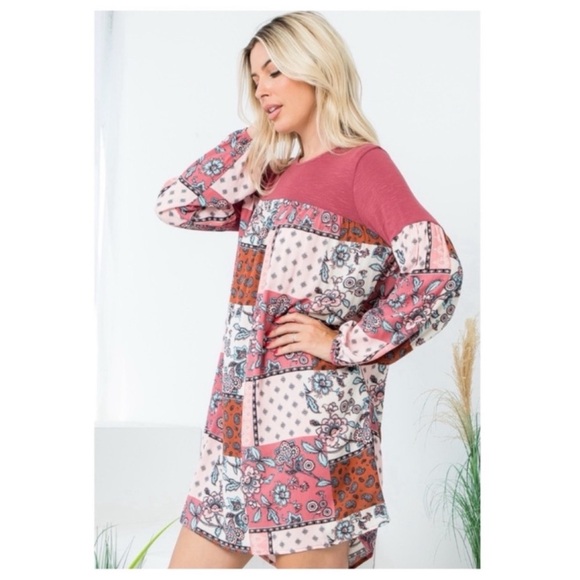 🍁New Fall🍁 Long Sleeve Paisley Floral Patch Relaxed Fit Dress - Picture 2 of 3